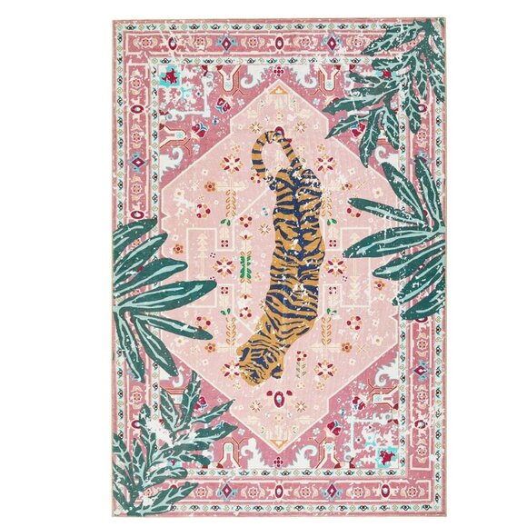 Tropical Pink Faux Wool Boho Throw Rug – Washable Non-Slip Vintage Accent Rug - Picture 7 of 7